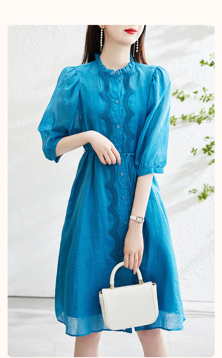 Dme [Breathable 100% Ramie] Spring And Autumn Natural Comfortable Round Neck Tie-Up Embroidered Three-Quarter Sleeve Dress 2