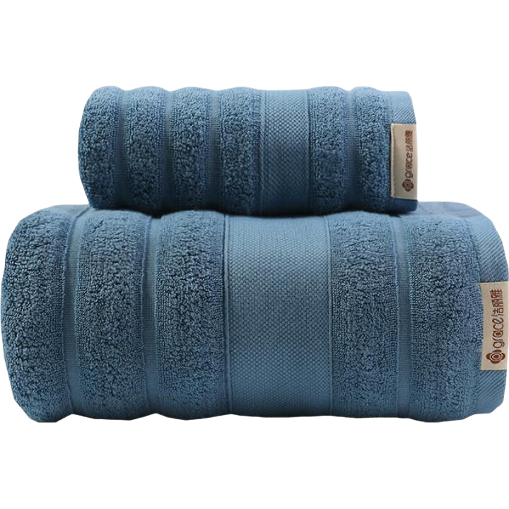 Grace Pure Cotton Towel And Bath Towel Two-Piece Set, Class A Long-Staple Cotton, Soft And Absorbent for Face Washing And Bathing, Quick-Drying Large Face Towel, Blue