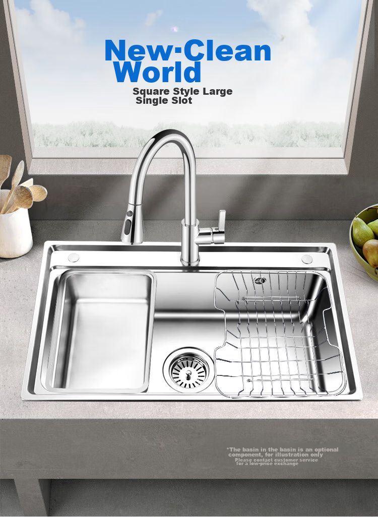 OULIN Large Single Bowl Sink, Kitchen Basin, Vegetable Washing Sink, Integrated Basin, 0 Coating, 304 Stainless Steel Single Bowl 616B 2