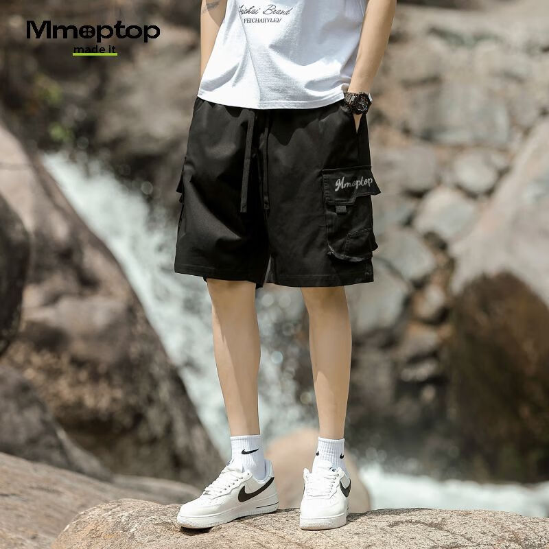 MMOPTOP Japanese-Style Casual Sports Shorts for Men, Summer Mountain Outdoor Loose Cargo Pants, Knee-Length Shorts CH02 Black 2XL