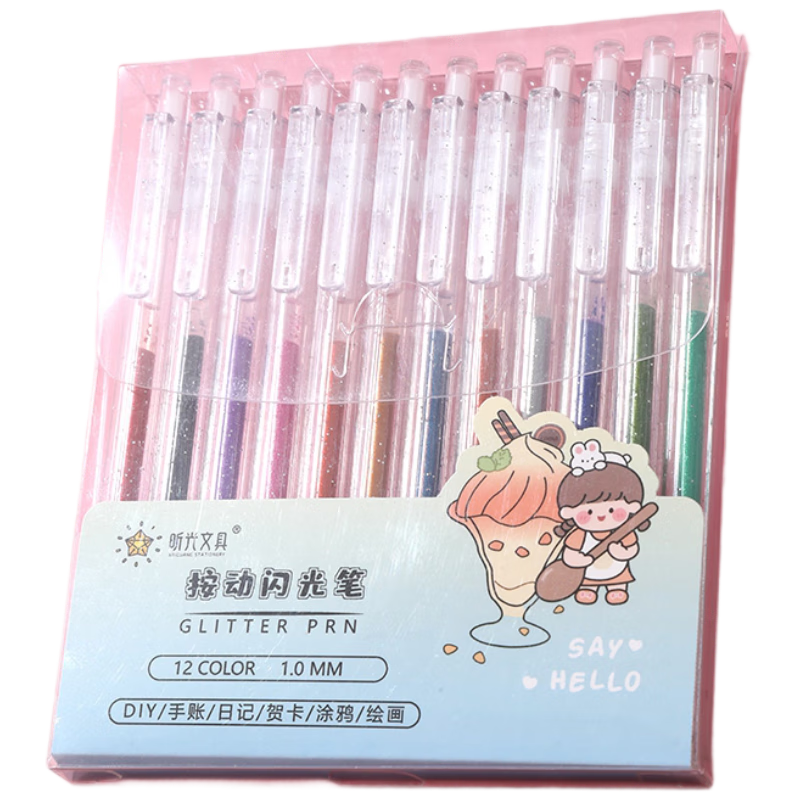 Mingyu Glitter Gel Pen Fluorescent Highlighter Colorful Shiny Highlighting Sand Pen Pearlescent Watercolor Pen Sparkling Glitter Marker Glowing Birthday Gift School Essential 12 Colors