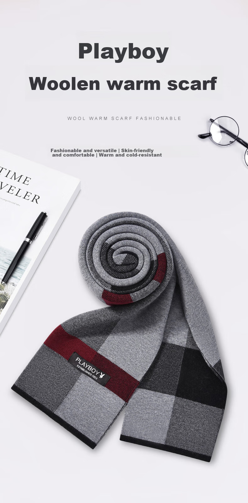 PLAYBOY Men's Autumn Winter Outdoor Warm Thick Scarf Birthday Gift for Husband Father Gift Box Set 1