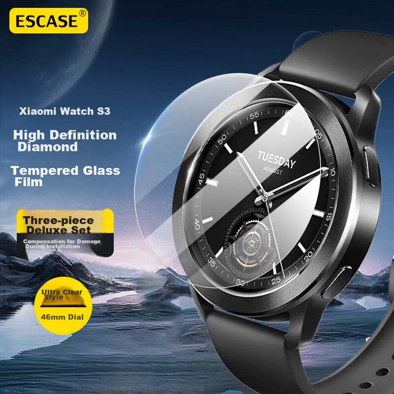 ESCASE [Three-Piece Deluxe Set] Xiaomi Watch S4 Protective Film, Watch S3 Tempered Glass Screen Protector, Full Coverage, HD Clear, Shatterproof, Fingerprint-Resistant Protective Film for 46mm Watch Face