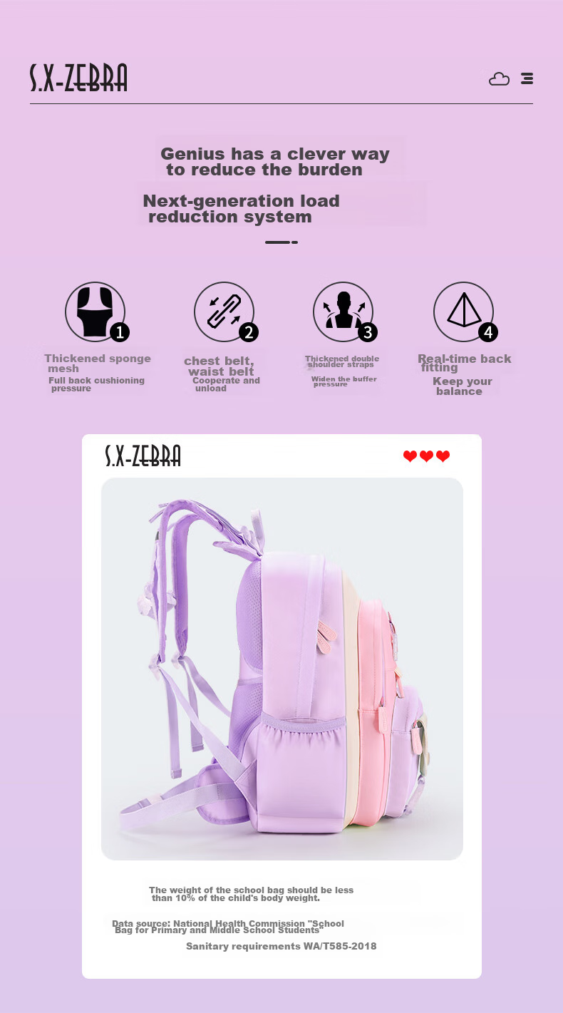 S.X-ZEBRA Elementary School Backpack for Girls in Grades 2-6, Lightweight Spine Protection Children's Backpack, Purple-Pink 3