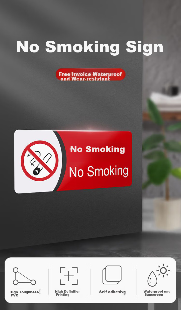 Yijuzhangning No Smoking Sign, PVC Foam Adhesive Sticker, Wall Decal, Friendly Reminder Sticker, Slogan, 29*13cm, 5 Pieces Per Pack 1