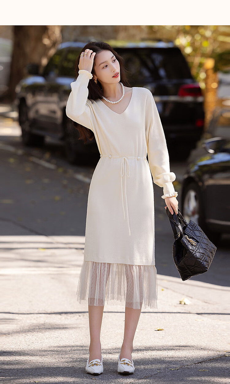 Dme [Retro Sweet Lady] Spring And Autumn Gentle Style Faux Two-Piece Pearl Drawstring Mesh A-Line Dress 18