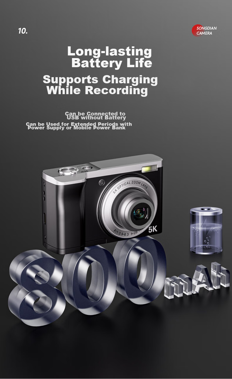 SONGDIAN Optical Zoom Digital Camera, 5K High-Definition Video Recording, Dual Front And Rear Cameras with Built-In Filters, Student Mirrorless Camera DC305x, Black, 256GB Memory 13