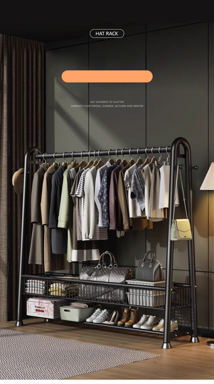 Huakaizhixing Clothes Drying Rack, Floor-Standing Coat Rack, Bedroom Clothes Hanger, Thickened Clothes Rack, YJ102 Double-Layer, Heightened 1.5 Meters, Black 1
