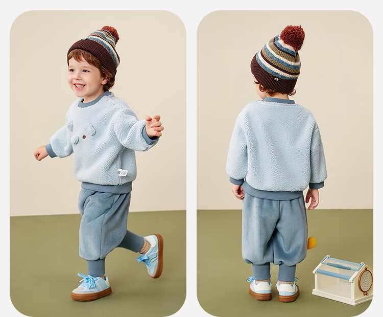 Minibala Unisex Kids Plush Set Loose Warm Long Sleeve Top and Pants Two-Piece Winter Outfit 8