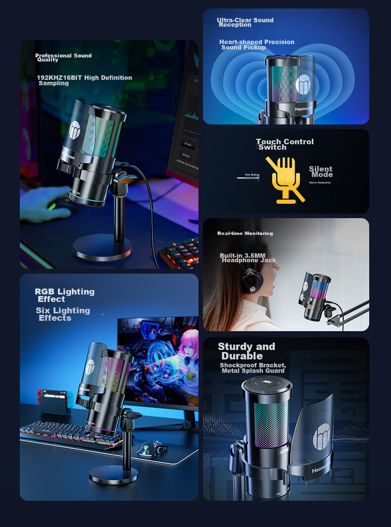 Haomuren Computer Microphone, Gaming And E-Sports Dedicated, Noise-Cancelling Condenser, Karaoke Recording, Professional Sound Card, Live Streaming Host Equipment, Microphone for Desktop, Suspended Arm Stand, Desktop And Mobile USB Wired 5