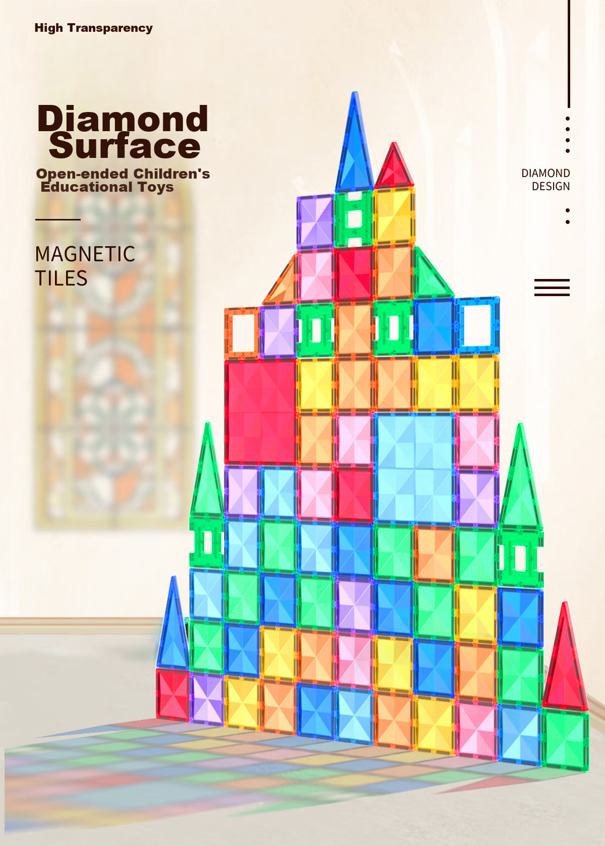 Bmag Diamond Pattern Colored Window Magnetic Building Blocks Puzzle, Baby Enlightenment Toy, Children's Educational Birthday Gift Box, 100 Pieces 1