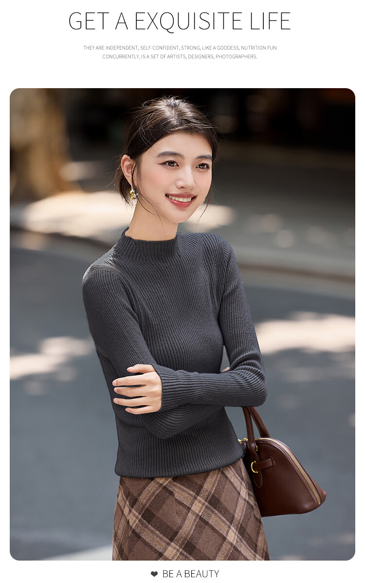 Bailuyu Simple Half Turtleneck Ribbed Knit Sweater 25 Autumn Winter New Wool Soft Sweater Women Dark Gray M 17