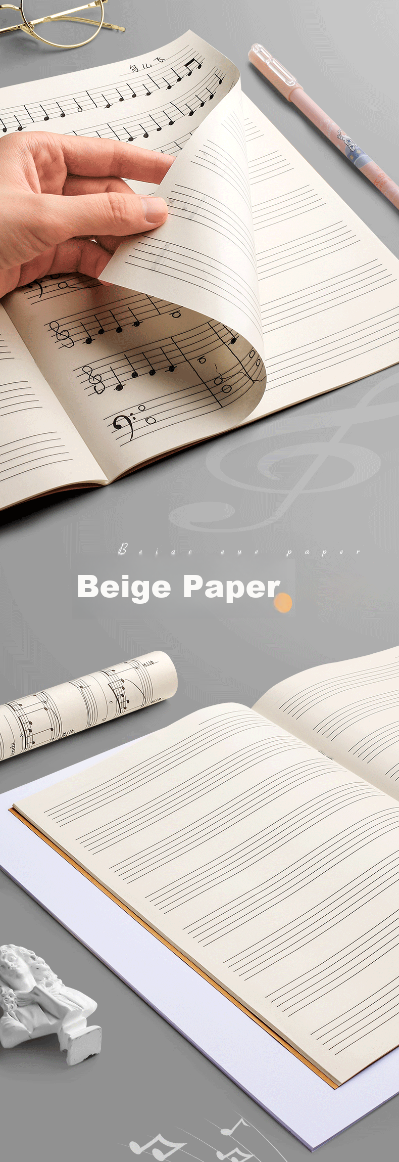 Jinzhi B5/40 Pages, 5-Book Set with Black Card Cover And Staff Paper, Large Spacing Student Sheet Music Notebook, Piano Guitar Practice Music Notebook for Children Beginners, Wide-Spaced Musical Score Book 8