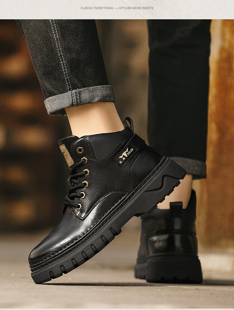 Bull Family Autumn Winter New Martin Boots Men's Outdoor Trendy Work Boots Versatile Retro Mid-High Lace-Up Boots for Men 12