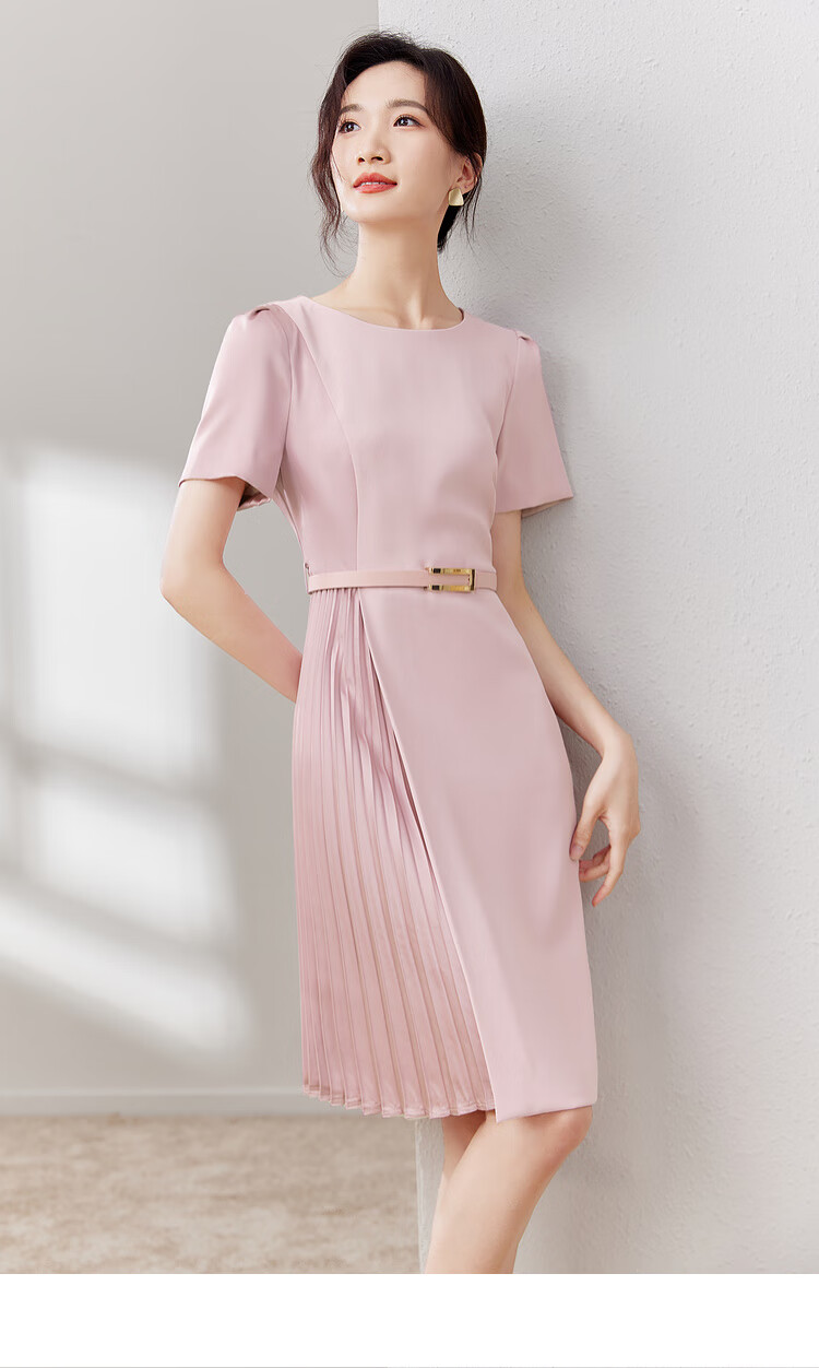 Sentubila Design-Inspired Patchwork Dress, Summer Elegant Pleated Skirt for Petite Figures, Apricot Color, Size S 22