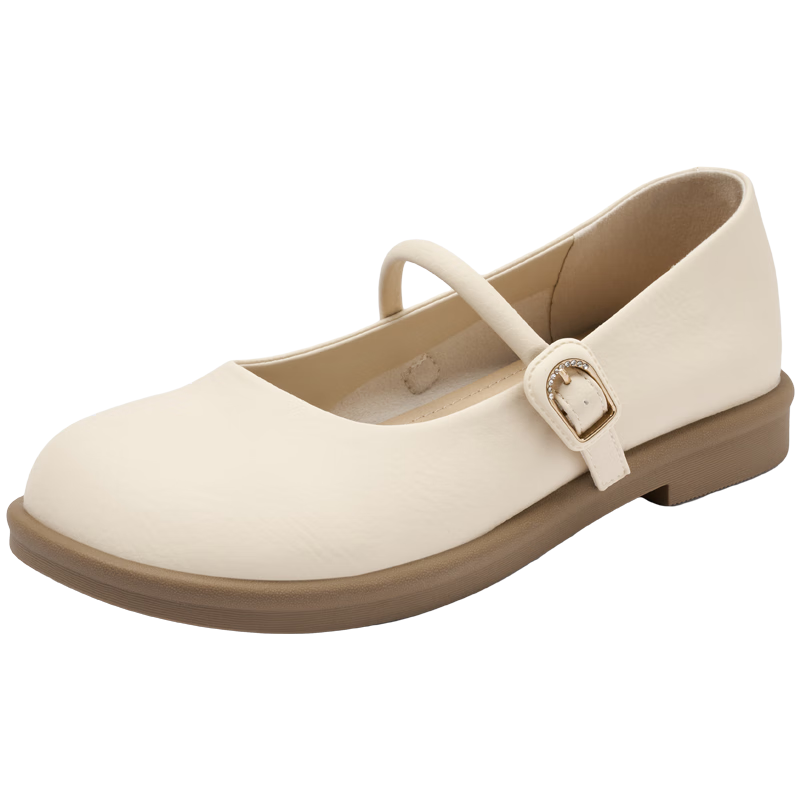 Josiny Mary Jane Shoes for Women, Flat Single Shoes, Spring Season, White with Skirt, Gentle Low-Heel Leather Shoes, Beige, Size 37