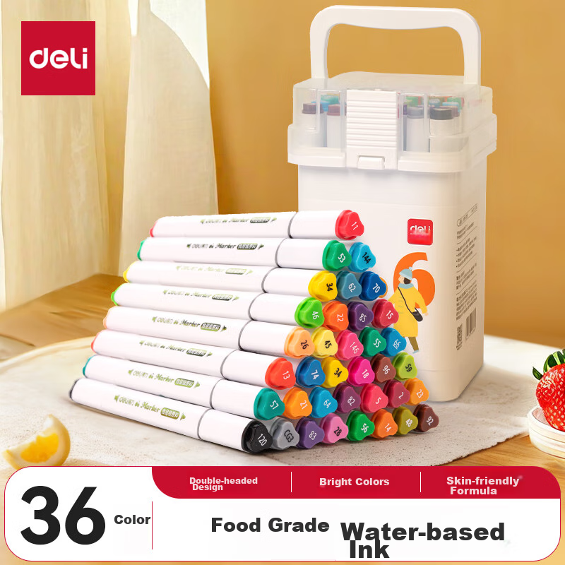 Deli 36-Color Food-Grade Water-Based Markers, Children's Dual-Tip Triangular Handle, Washable Watercolor Pens, Student Art Brushes, Highlighters, Watercolor Pens, Art Supplies, Graduation Gift