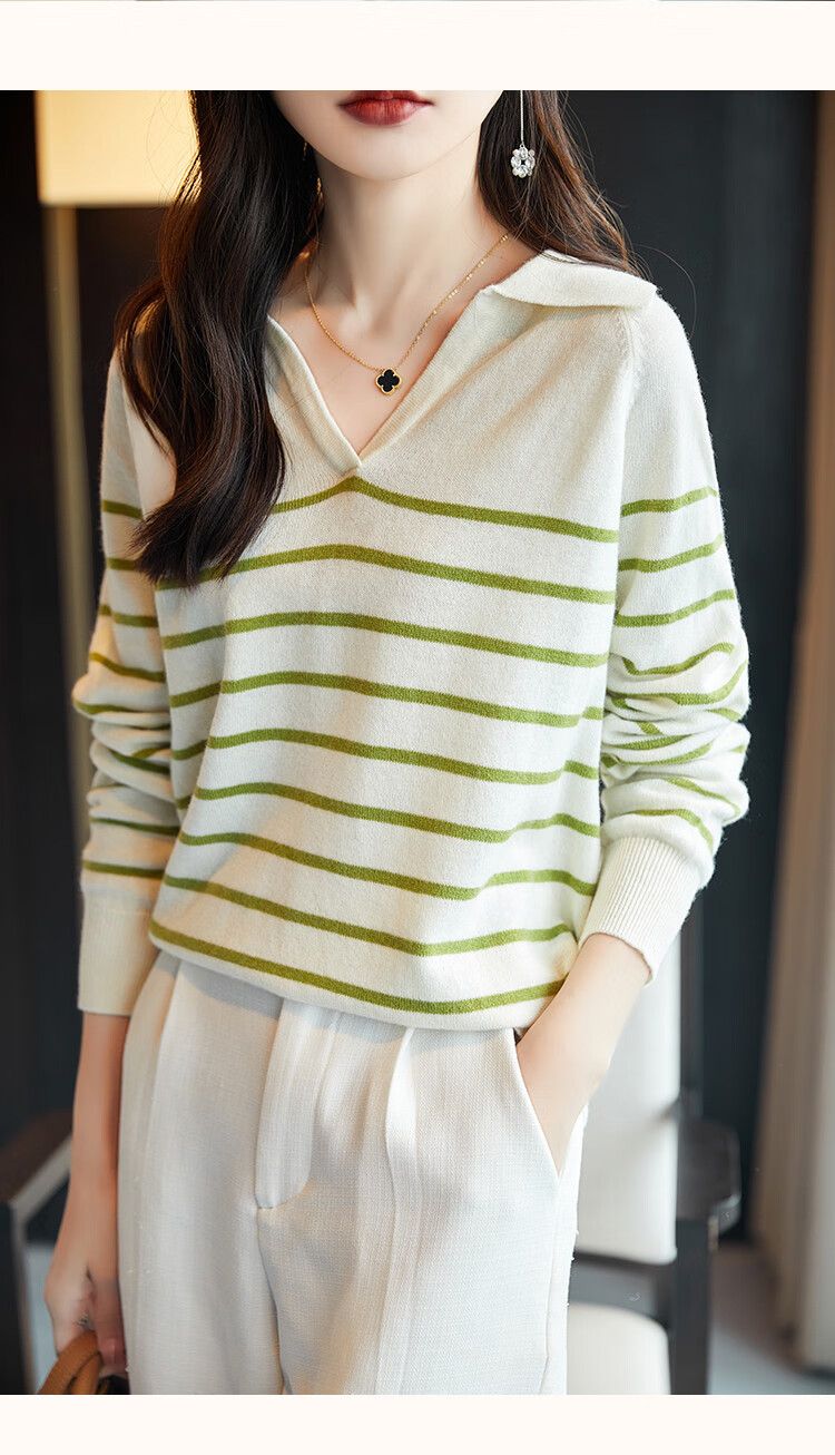 Dme Wool V-Neck Striped Sweater, Elegant And Relaxed Women's Wool Sweater, Black, L 19