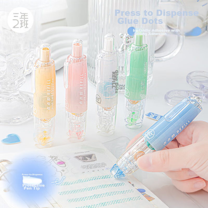Sannianerban 5-Pack Retractable Dot Glue Pen, Children's Stylish High-Capacity Double-Sided Adhesive, Replaceable Core, Invisible Glue Pen Refill, Round Dots, Simple Style in 5 Colors