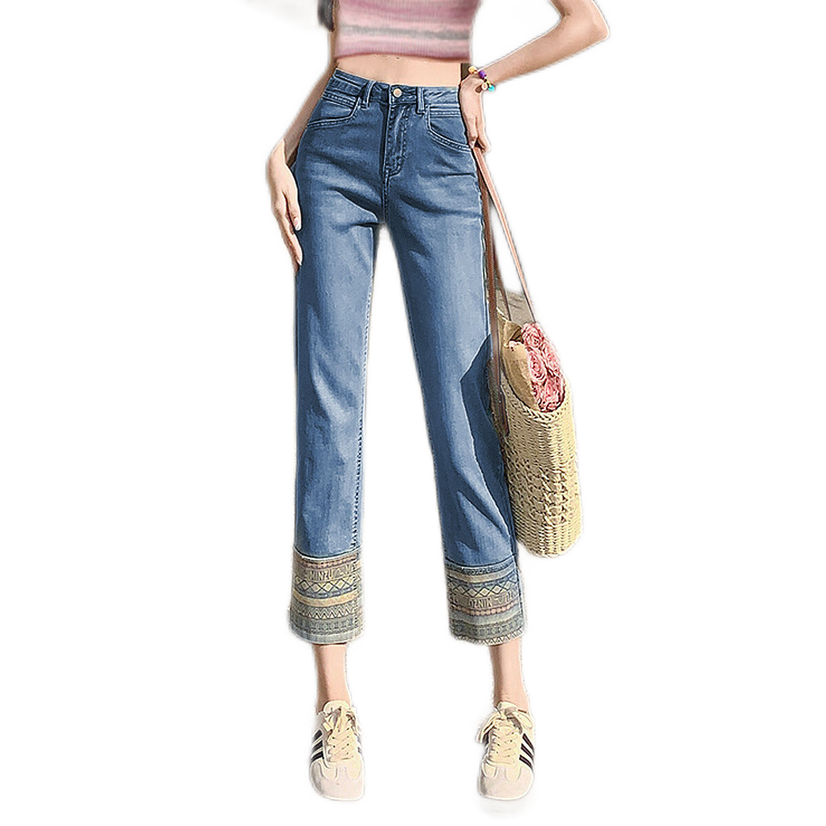 Dme [Light Ethnic Style] Spring And Summer Mid-Rise Straight-Leg Zipper Cropped Pants Women's Trousers Women's Jeans