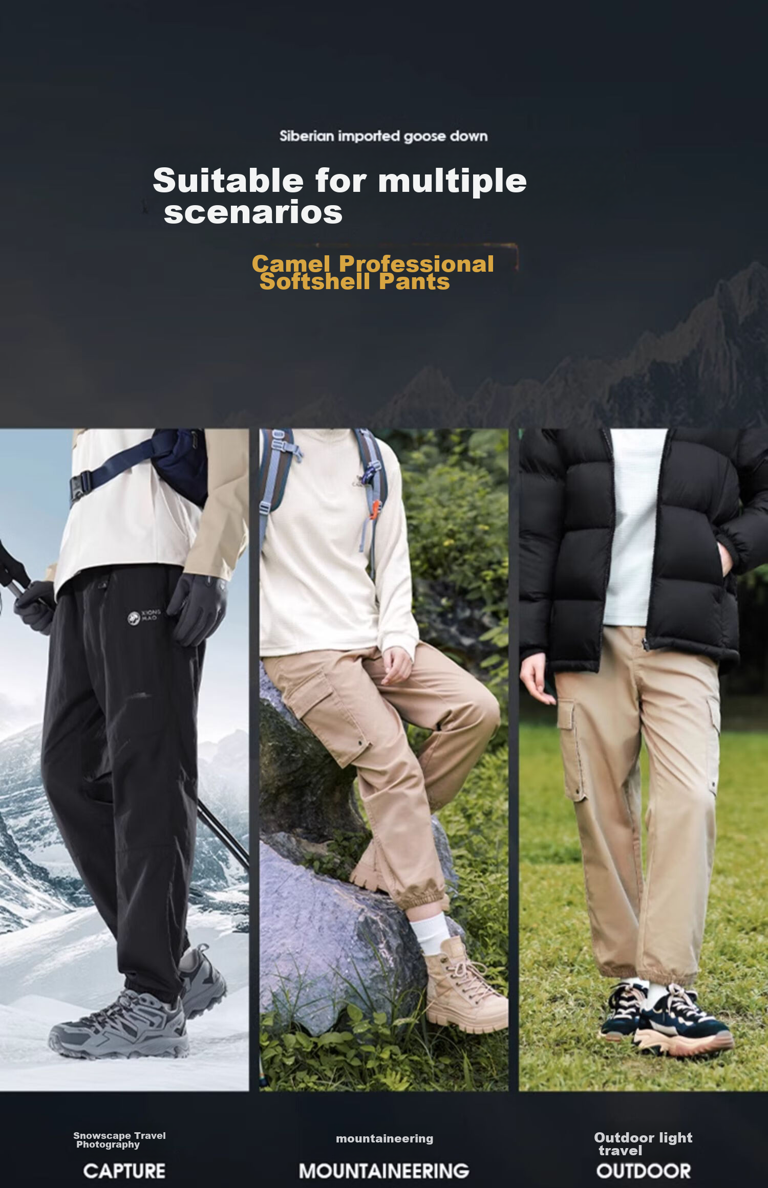 CAMEL Men's Fleece-Lined Water-Repellent Softshell Pants, Fleece-Lined Hiking Sports Pants [Volcanic Rock Heating] 8685 14