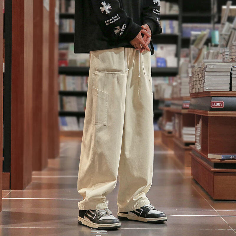 Homlean Japanese-Style Literary Casual Pants for Men, Summer Niche Trendy Straight-Leg Cargo Trousers HG01 Khaki S