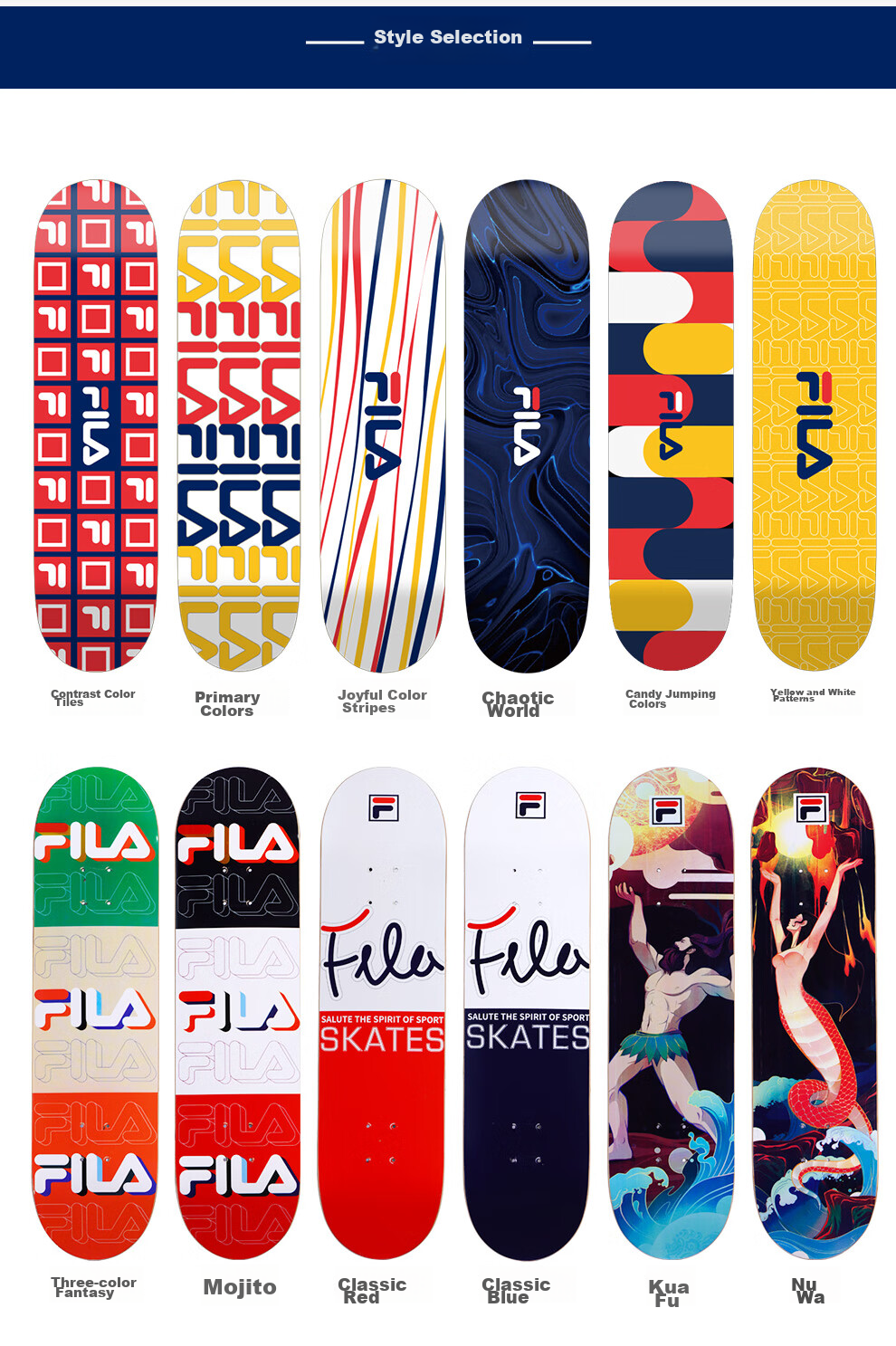 FILA Skateboard for Professional Men And Women, Teenagers, Adults, Beginners, Four-Wheel Cruising, Double-Kick Skateboard, Blue Classic 10