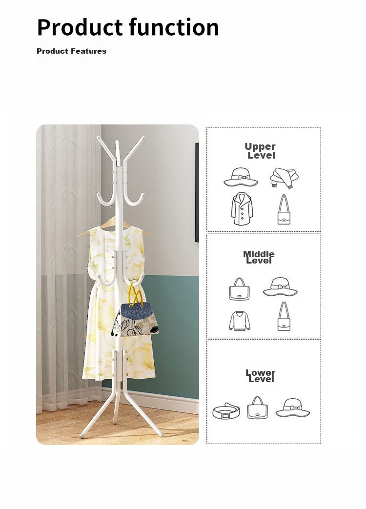 Anerya Iron Coat Rack, Floor-Standing Bedroom Clothes Hanger, Indoor Multi-Hook Garment Stand, Simple White Desig 5