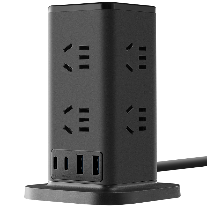 BULL New National Standard 20W Fast Charging Vertical Power Strip, Overload And Over-Power Protection Power Bar/usb Power Strip/extension Cord with 8 Outlets And Master Switch, Total Length 1.6 Meters, UL1008U2 Black