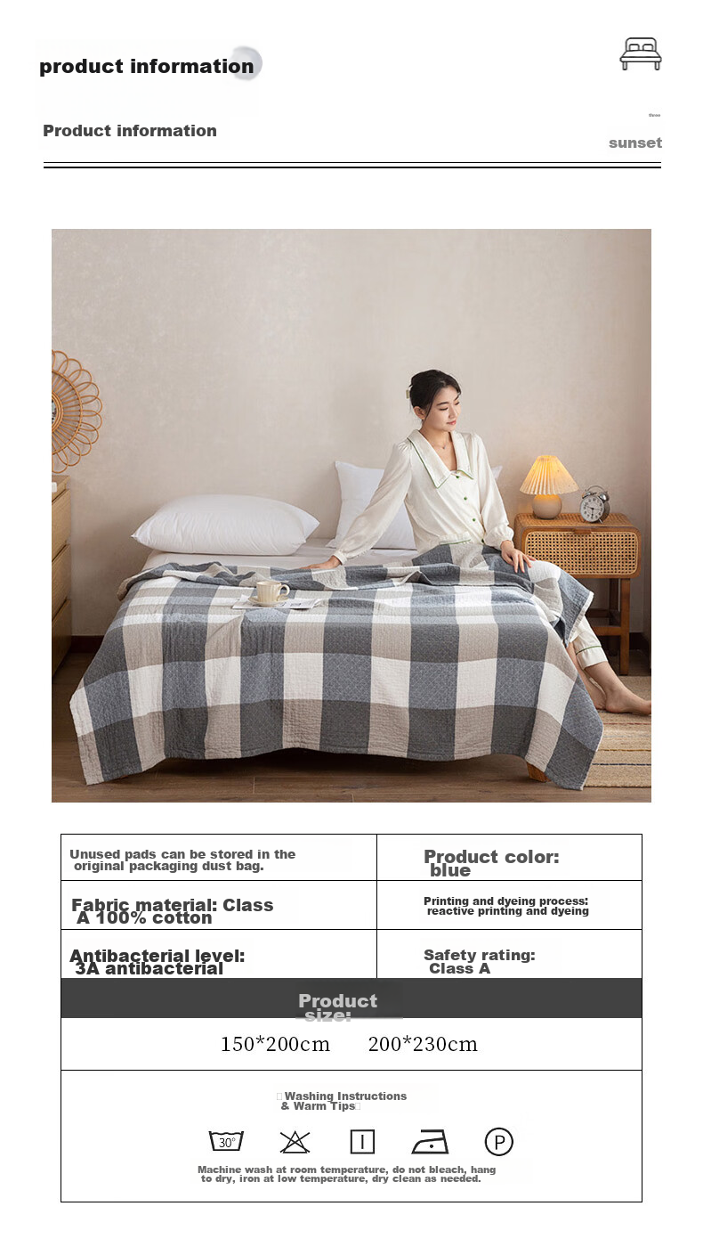 Grace Pure Cotton Class A Antibacterial Towel Blanket Nap Quilt Summer Cool Quilt Air Conditioning Quilt Gauze Blanket, 150*200cm Blue Plaid 12