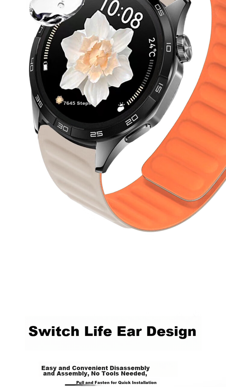 ESCASE Compatible Silicone Magnetic Watch Band for Huawei Watch GT5/4pro/GT3pro Comfortable Strap/gt2/new Unisex Wristband Universal 46/48mm Watch Face Black And Orange 7