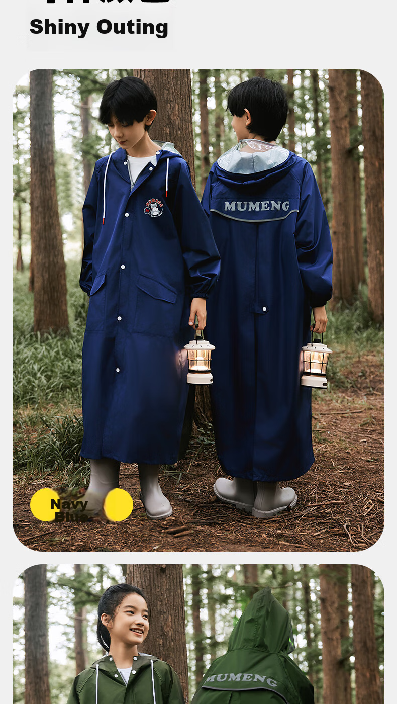 Moremerry Children's Raincoat for Boys And Girls, Elementary And Middle School Students, Large Backpack Space, Full-Body Waterproof Raincoat, Navy Blue, 3XL 16