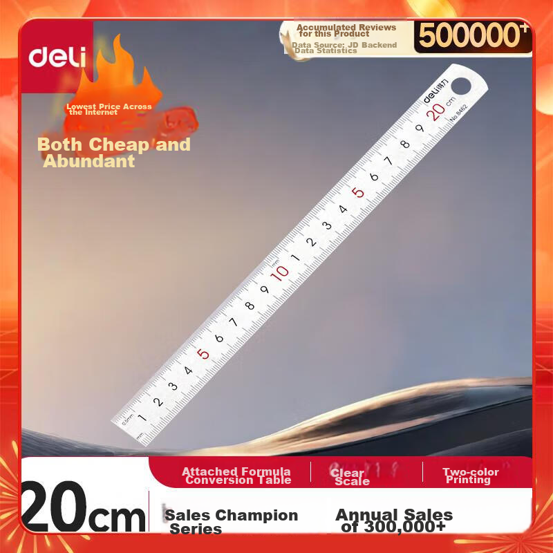 Deli 20cm Stainless Steel Straight Ruler, Measuring And Drawing Scale Ruler with Formula Conversion Table, Office Supplies, 8462