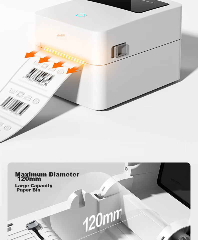 Deli DL-888B(NEW) Thermal Label Printer, Express Delivery Warehouse Logistics Shipping Label, Fixed Asset 108mm Commercial Office Printing, Self-Adhesive Barcode Large Paper Warehouse Printer, USB Versio 13