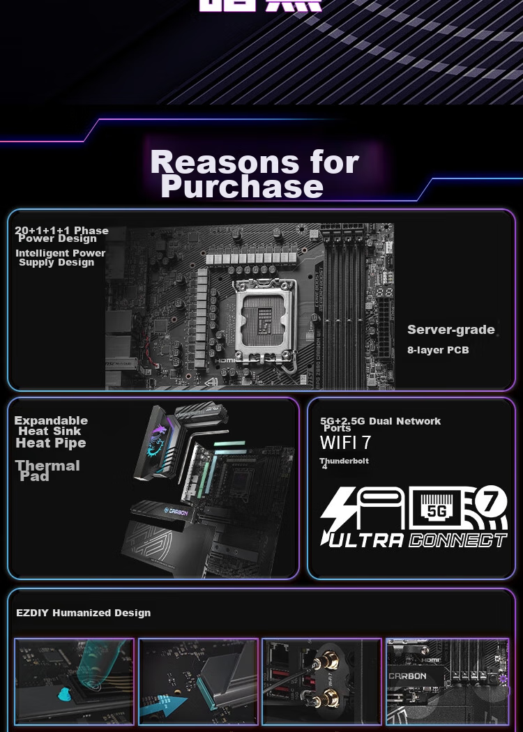 MSI MPG Z890 CARBON WIFI Dark Motherboard Supports CPU 285K/265K/270K/250K (Intel Z890/LGA 1851) 2