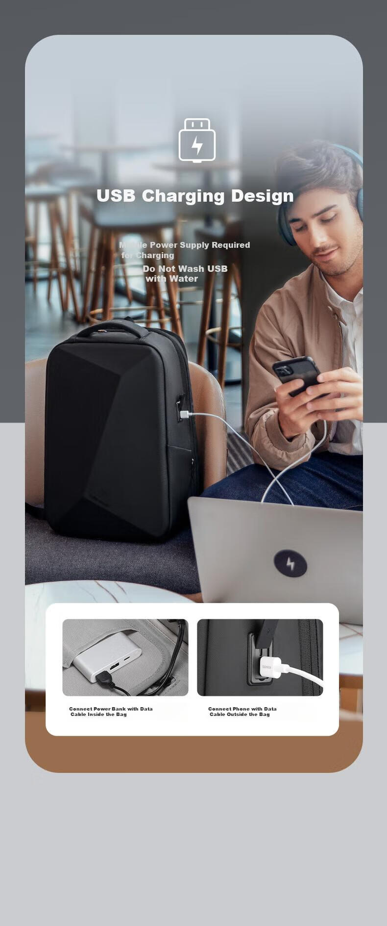 MARK RYDEN Backpack for Men, Double Shoulder Bag, 15.6-Inch Gaming Laptop Bag, Motorcycle Travel Bag, Schoolbag MR9405 Elegant Black Raincoat Style 13