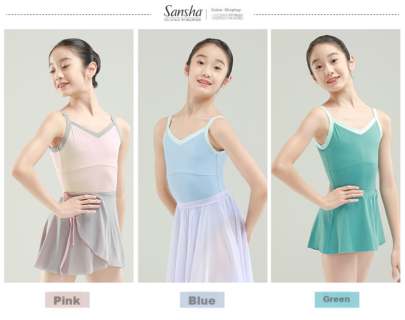 Sansha Girls' Ballet Leotard, Color-Block V-Neck Spaghetti Strap Bodysuit for Children's Dance Practice, Light Blue, Size S 5