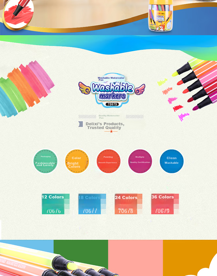 Deli 18-Color Hexagonal Fine-Tip Watercolor Markers (Pink), Washable Children's Creative Drawing Pens, Student Art Doodling Markers, Graduation Gift for Boys And Girls, 7060-18 Watercolor Pens 3
