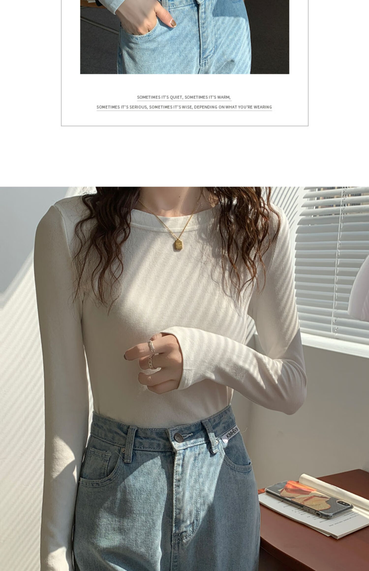 YUZHAOLIN Women's Base Layer Top for Spring And Autumn, Thin Undershirt, Round Neck Ribbed Black And White Long-Sleeve T-Shirt for Fall And Winter 4