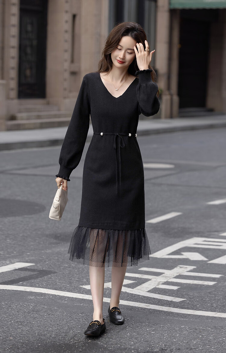 Dme [Retro Sweet Lady] Spring And Autumn Gentle Style Faux Two-Piece Pearl Drawstring Mesh A-Line Dress 10