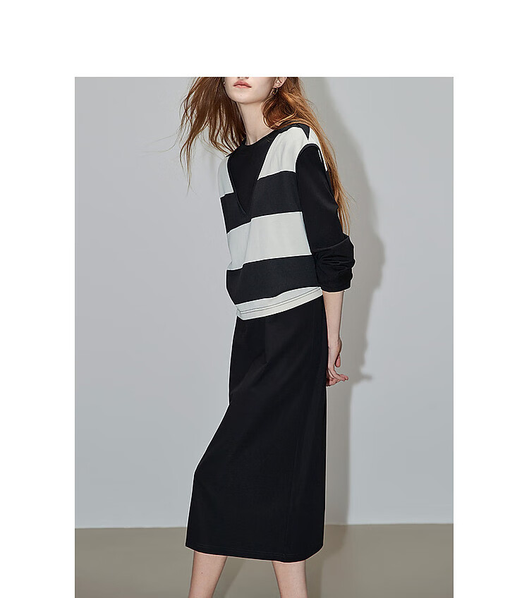 Dme [Laziness Casual Outfit] Spring And Autumn New Fashion Draping Roman Fabric Dress, Box-Shaped Striped Vest Two-Piece Set 11