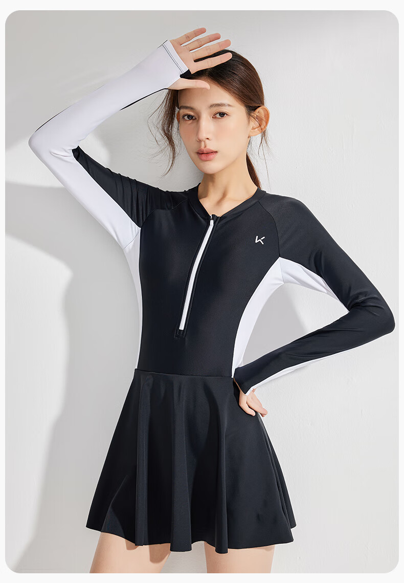 Keep Women's Long-Sleeve Professional One-Piece Swimsuit, Plus Size, Conservative Swimwear for Hot Springs, Soft Black-Gray, XXL 11