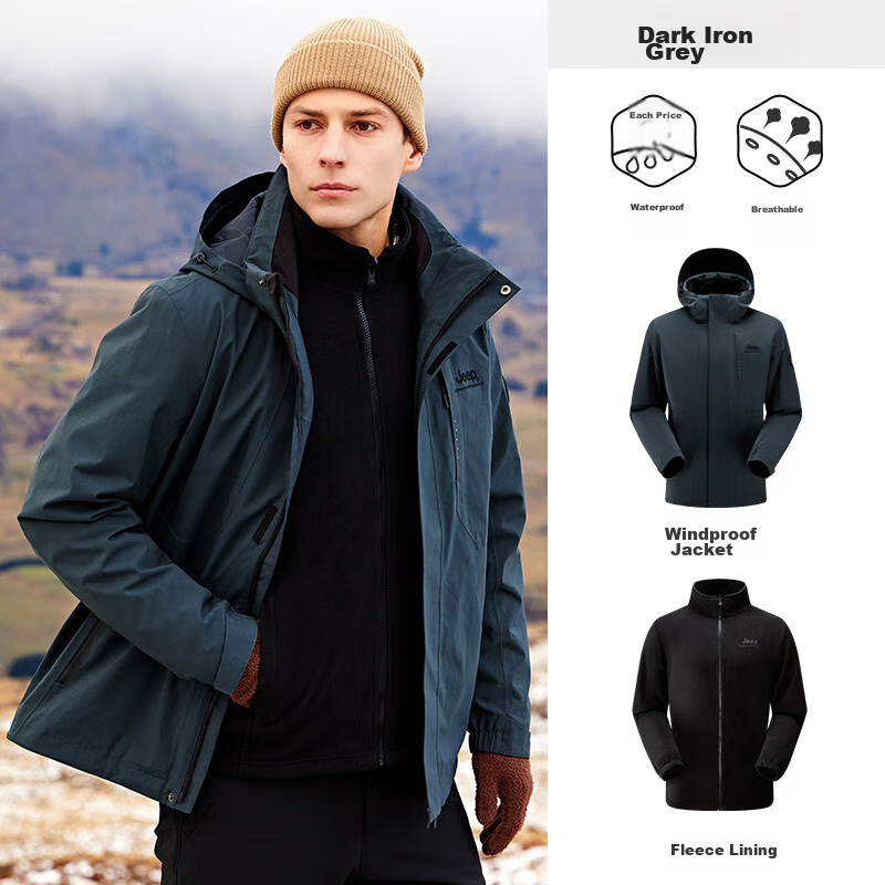Jeep Men's And Women's 3-In Detachable Fleece Jacket, Outdoor Windproof And Waterproof Mountaineering Coat, Iron Gray