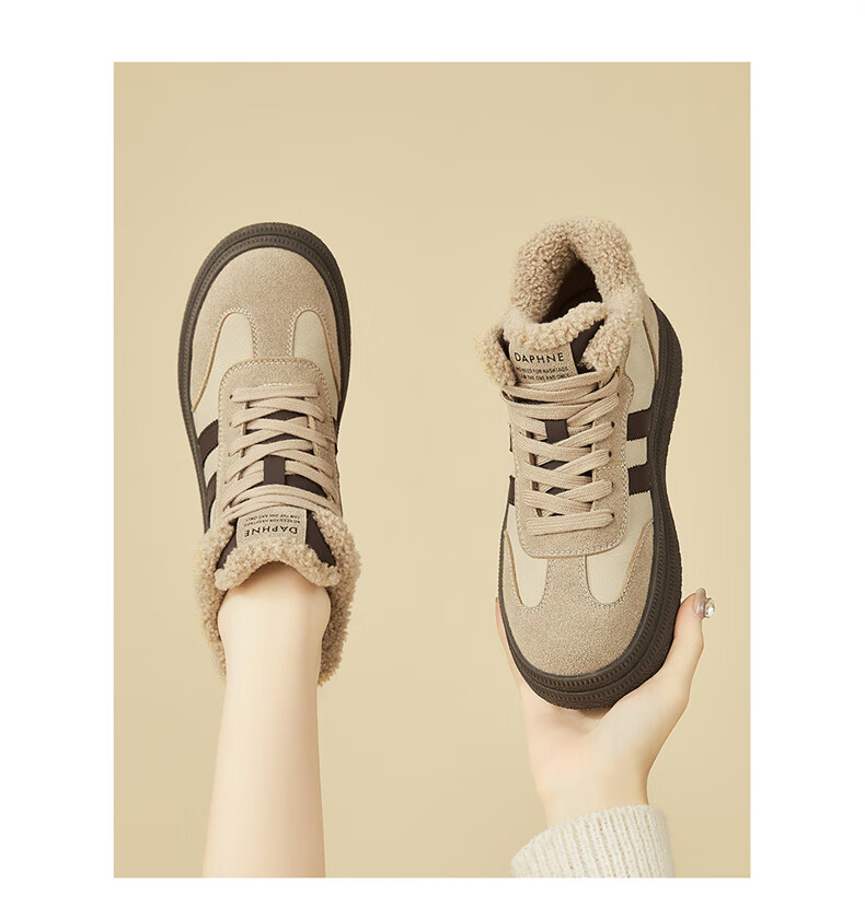 Daphne Women's Thick-Soled High-Top Casual Shoes Winter Fleece-Lined Warm Cotton Shoes Retro Versatile Sneakers Camel 38 11