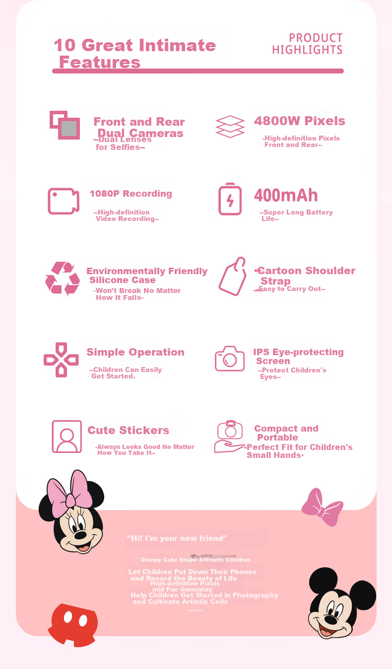 Disney Children's Digital Camera, Student Compact Camera, Pocket Camera for Photography And Travel, Dual-Lens Camera for Boys And Girls, Birthday Gift for Students, HD01 Minnie 2