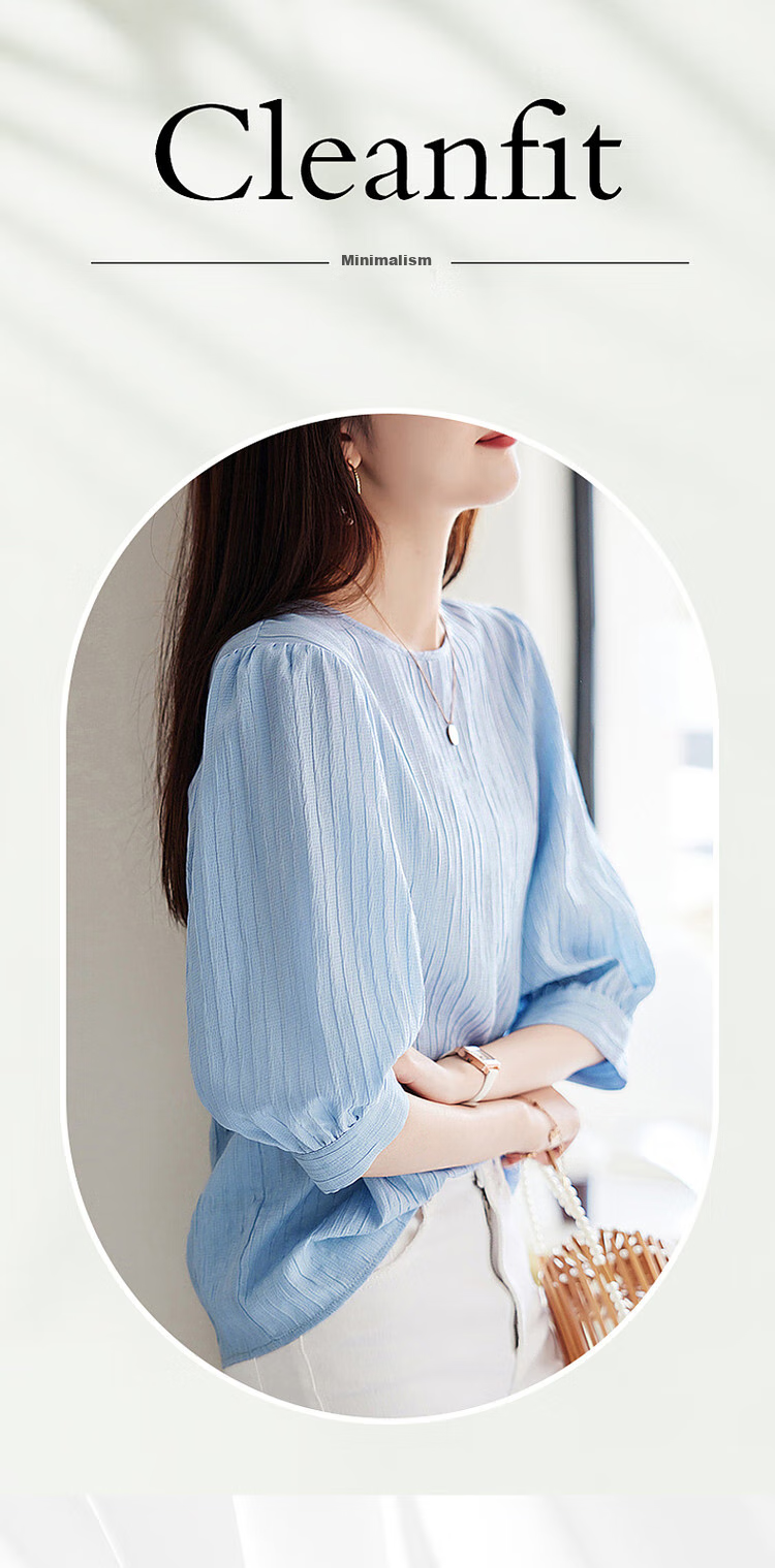 Dme [French Textured Shirt] Summer Commuter Round Neck Lantern Sleeve Blouse Women's Top, Sky Blue, S 1