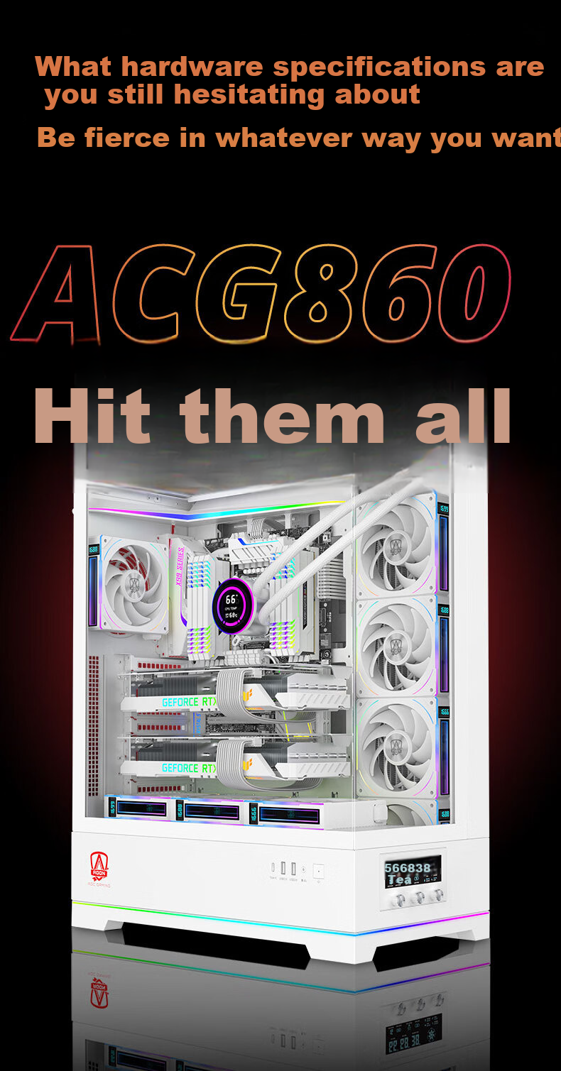 AOC AICG860W White EATX Gaming Computer Case with Three-Sided Glass View, Quick-Release Design, 9-Slot Dual Graphics Card Support, 480mm Water Cooling Compatible, Functional Display Scree 3
