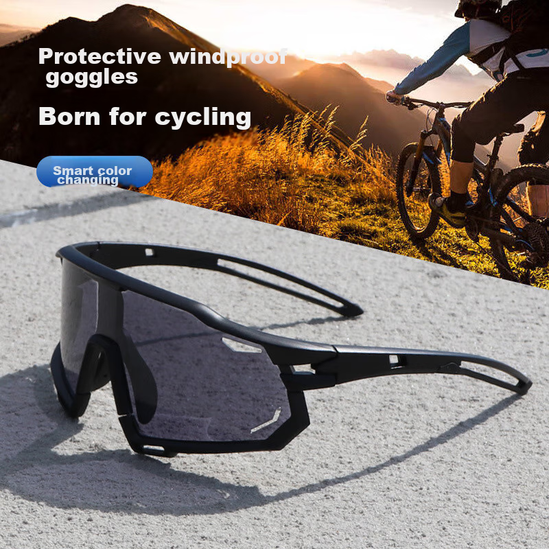 LOVECRAFT Photochromic Cycling Glasses with Black Frame And Gray Lenses, Day And Night Use, Windproof Mountain Biking Sunglasses with Goggles
