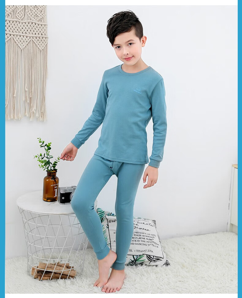 Hengyuanxiang Boys' Children's Underwear Set Youth Pure Cotton Mid-Neck Autumn Shirt and Pants Sleepwear for Boys and Students 28