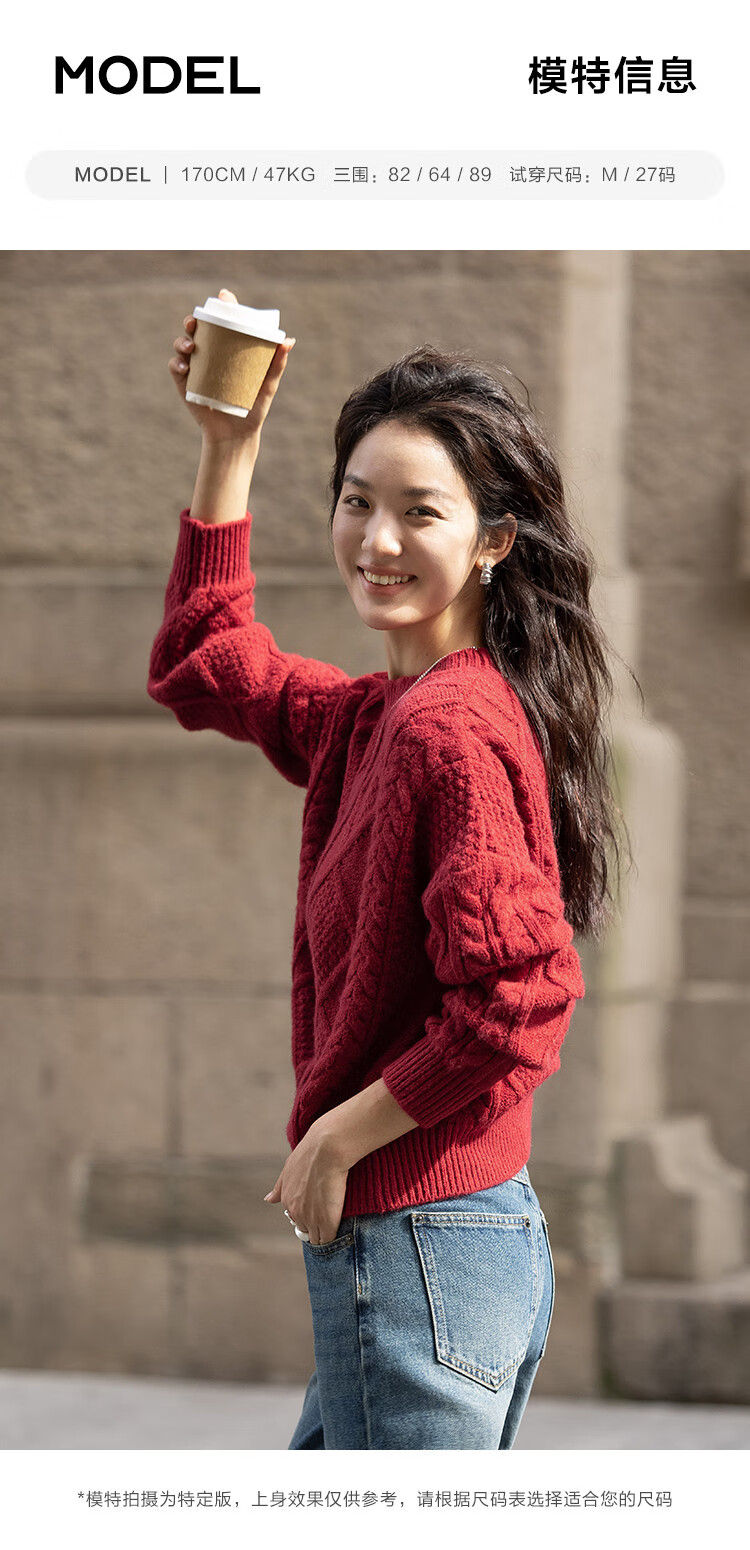 Dme [Romantic Red Knit Sweater], Spring And Autumn Round Neck Pullover Cable Knit Long-Sleeve Warm Sweater for Wome 9